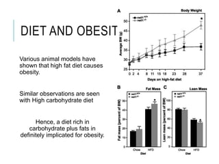 DIET AND OBESITY
Various animal models have
shown that high fat diet causes
obesity.
Similar observations are seen
with High carbohydrate diet
Hence, a diet rich in
carbohydrate plus fats in
definitely implicated for obesity.
 