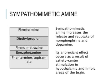 SYMPATHOMIMETIC AMINE
Phentermine
Diethylpropion
Phendimetrazine
Benzphetamine
Phentermine/topiram
ate
Sympathomimetic
amine increases the
release and reuptake of
norepinephrine and
dopamine.
Its anorexiant effect
occurs as a result of
satiety-center
stimulation in
hypothalamic and limbic
areas of the brain.
 