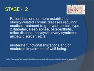 STAGE - 2
 Patient has one or more established
obesity-related chronic diseases requiring
medical treatment (e.g., hypertension, type
2 diabetes, sleep apnea, osteoarthritis,
reflux disease, polycystic ovary syndrome,
anxiety disorder, etc.)
 moderate functional limitations and/or
moderate impairment of well-being.
(http://www.drsharma.ca/clinical-assessment-edmonton-obesity-staging-system)
 