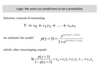Logit: We want our predictions to be a probability
Solution: instead of estimating
we estimate the model
which, after rearranging, equals
nn xcxcxcc
yp
yp



...
)1(1
)1(
ln 22110
nn
nn
xcxcc
xcxcc
e
e
yp 


 ...
...
110
110
1
)1(
 