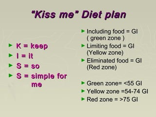 ““Kiss me” Diet planKiss me” Diet plan
► KK = keep= keep
► I = itI = it
► S = soS = so
► S = simple forS = simple for
meme
► Including food = GIIncluding food = GI
( green zone )( green zone )
► Limiting food = GILimiting food = GI
(Yellow zone)(Yellow zone)
► Eliminated food = GIEliminated food = GI
(Red zone)(Red zone)
► Green zone= <55 GIGreen zone= <55 GI
► Yellow zone =54-74 GIYellow zone =54-74 GI
► Red zone = >75 GIRed zone = >75 GI
 