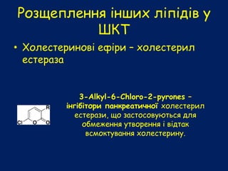 Розщеплення інших ліпідів у
ШКТ
• Холестеринові ефіри – холестерил
естераза
3-Alkyl-6-Chloro-2-pyrones –
інгібітори панкреатичної холестерил
естерази, що застосовуються для
обмеження утворення і відтак
всмоктування холестерину.
 
