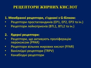 РЕЦЕПТОРИ ЖИРНИХ КИСЛОТ
1. Мембранні рецептори, з’єднані з G-білком:
• Рецептори простагландинів (EP1, EP2, EP3 та ін.)
• Рецептори лейкотриєнів (BTL1, BTL2 та ін.)
2. Ядерні рецептори:
• Рецептори, що активують проліферацію
пероксисом (PPAR)
• Рецептори вільних жирових кислот (FFAR)
• Ванілоїдні рецептори (TRPV)
• Канабіодні рецептори
 