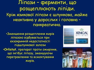 Ліпази – ферменти, що
розщеплюють ліпіди.
Крім язикової ліпази є шлункова, майже
неактивна у дорослих і головна –
панкреатична.
•Зменшення розщеплення жирів
ліпазою відбувається при
екзокринній недостатності
підшлункової залози
•Orlistat, препарат проти ожиріння,
що інгібує ліпазу, зменшуючи
перетравлення та всмоктування
жирів.
 