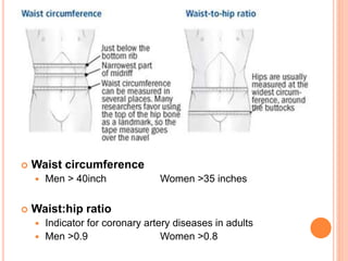 Waist circumference
 Men > 40inch Women >35 inches
 Waist:hip ratio
 Indicator for coronary artery diseases in adults
 Men >0.9 Women >0.8
 
