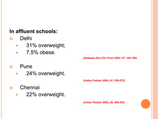 In affluent schools:
 Delhi
 31% overweight;
 7.5% obese.
 Pune
 24% overweight.
 Chennai
 22% overweight.
(Indian Pediatr 2002; 39: 449-452)
(Indian Pediatr 2004; 41: 559-575)
(Diabetes Res Clin Pract 2002; 57: 185-190)
 
