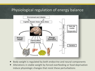 Physiological regulation of energy balance
 Body weight is regulated by both endocrine and neural components
 Alterations in stable weight by forced overfeeding or food deprivation
induce physiologic changes that resist these perturbations
 
