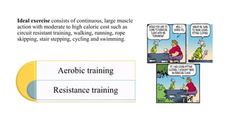 Ideal exercise consists of continuous, large muscle
action with moderate to high caloric cost such as
circuit resistant training, walking, running, rope
skipping, stair stepping, cycling and swimming.
Aerobic training
Resistance training
 