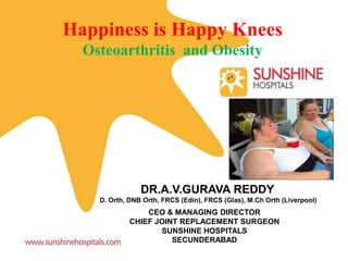 Happiness is Happy Knees
  Osteoarthritis and Obesity




                DR.A.V.GURAVA REDDY
    D. Orth, DNB Orth, FRCS (Edin), FRCS (Glas), M.Ch Orth (Liverpool)
                 CEO & MANAGING DIRECTOR
             CHIEF JOINT REPLACEMENT SURGEON
                    SUNSHINE HOSPITALS
                       SECUNDERABAD
 