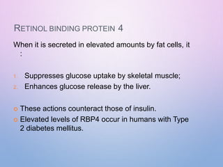 RETINOL BINDING PROTEIN 4
When it is secreted in elevated amounts by fat cells, it
:
1. Suppresses glucose uptake by skeletal muscle;
2. Enhances glucose release by the liver.
 These actions counteract those of insulin.
 Elevated levels of RBP4 occur in humans with Type
2 diabetes mellitus.
 
