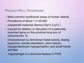 PRADER WILLI SYNDROME
 Most common syndromal cause of human obesity
 Prevalence of about 1 in 25,000
 uniparental maternal disomy(15q11.2-q12 )
 Caused by deletion or disruption of a paternally
imprinted gene on the proximal long arm of
chromosome 15.
 Characterized by diminished foetal activity, obesity,
hypotonia, mental retardation, short stature,
hypogonadotropic hypogonadism, and small hands
and feet
 Hyperphagia is a dominant feature in PWS
 
