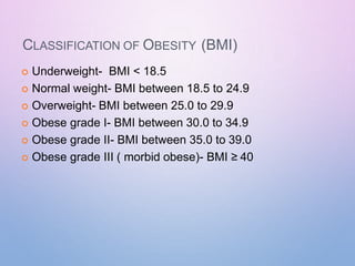 CLASSIFICATION OF OBESITY (BMI)
 Underweight- BMI < 18.5
 Normal weight- BMI between 18.5 to 24.9
 Overweight- BMI between 25.0 to 29.9
 Obese grade I- BMI between 30.0 to 34.9
 Obese grade II- BMI between 35.0 to 39.0
 Obese grade III ( morbid obese)- BMI ≥ 40
 