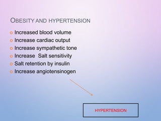 OBESITY AND HYPERTENSION
 Increased blood volume
 Increase cardiac output
 Increase sympathetic tone
 Increase Salt sensitivity
 Salt retention by insulin
 Increase angiotensinogen
HYPERTENSION
 
