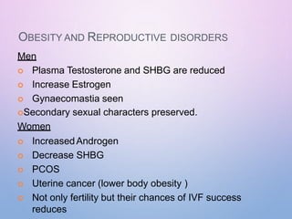 OBESITY AND REPRODUCTIVE DISORDERS
Men
 Plasma Testosterone and SHBG are reduced
 Increase Estrogen
 Gynaecomastia seen
Secondary sexual characters preserved.
Women
 IncreasedAndrogen
 Decrease SHBG
 PCOS
 Uterine cancer (lower body obesity )
 Not only fertility but their chances of IVF success
reduces
 