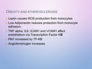 OBESITY AND ATHEROSCLEROSIS
 Leptin causes ROS production from monocytes
 Low Adiponectin reduces protection from monocyte
adhesion
 TNF alpha, IL6, ICAM1 and VCAM1 affect
endothelium via Transcription Factor KB
 PAI1 increased by TF-KB
 Angiotensinogen increases
 