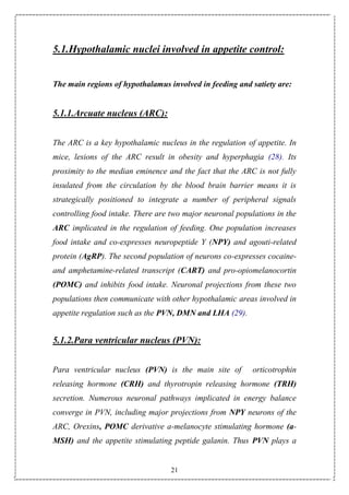 21
5.1.Hypothalamic nuclei involved in appetite control:
The main regions of hypothalamus involved in feeding and satiety are:
5.1.1.Arcuate nucleus (ARC):
The ARC is a key hypothalamic nucleus in the regulation of appetite. In
mice, lesions of the ARC result in obesity and hyperphagia (28). Its
proximity to the median eminence and the fact that the ARC is not fully
insulated from the circulation by the blood brain barrier means it is
strategically positioned to integrate a number of peripheral signals
controlling food intake. There are two major neuronal populations in the
ARC implicated in the regulation of feeding. One population increases
food intake and co-expresses neuropeptide Y (NPY) and agouti-related
protein (AgRP). The second population of neurons co-expresses cocaine-
and amphetamine-related transcript (CART) and pro-opiomelanocortin
(POMC) and inhibits food intake. Neuronal projections from these two
populations then communicate with other hypothalamic areas involved in
appetite regulation such as the PVN, DMN and LHA (29).
5.1.2.Para ventricular nucleus (PVN):
Para ventricular nucleus (PVN) is the main site of orticotrophin
releasing hormone (CRH) and thyrotropin releasing hormone (TRH)
secretion. Numerous neuronal pathways implicated in energy balance
converge in PVN, including major projections from NPY neurons of the
ARC, Orexins, POMC derivative a-melanocyte stimulating hormone (a-
MSH) and the appetite stimulating peptide galanin. Thus PVN plays a
 