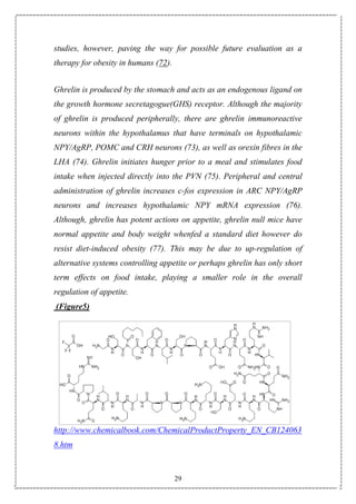 29
studies, however, paving the way for possible future evaluation as a
therapy for obesity in humans (72).
Ghrelin is produced by the stomach and acts as an endogenous ligand on
the growth hormone secretagogue(GHS) receptor. Although the majority
of ghrelin is produced peripherally, there are ghrelin immunoreactive
neurons within the hypothalamus that have terminals on hypothalamic
NPY/AgRP, POMC and CRH neurons (73), as well as orexin fibres in the
LHA (74). Ghrelin initiates hunger prior to a meal and stimulates food
intake when injected directly into the PVN (75). Peripheral and central
administration of ghrelin increases c-fos expression in ARC NPY/AgRP
neurons and increases hypothalamic NPY mRNA expression (76).
Although, ghrelin has potent actions on appetite, ghrelin null mice have
normal appetite and body weight whenfed a standard diet however do
resist diet-induced obesity (77). This may be due to up-regulation of
alternative systems controlling appetite or perhaps ghrelin has only short
term effects on food intake, playing a smaller role in the overall
regulation of appetite.
(Figure5)
http://www.chemicalbook.com/ChemicalProductProperty_EN_CB124063
8.htm
 