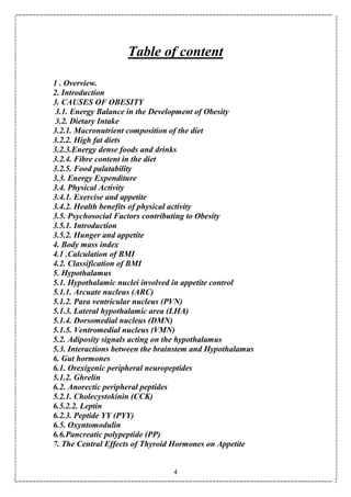 4
Table of content
1 . Overview.
2. Introduction
3. CAUSES OF OBESITY
3.1. Energy Balance in the Development of Obesity
3.2. Dietary Intake
3.2.1. Macronutrient composition of the diet
3.2.2. High fat diets
3.2.3.Energy dense foods and drinks
3.2.4. Fibre content in the diet
3.2.5. Food palatability
3.3. Energy Expenditure
3.4. Physical Activity
3.4.1. Exercise and appetite
3.4.2. Health benefits of physical activity
3.5. Psychosocial Factors contributing to Obesity
3.5.1. Introduction
3.5.2. Hunger and appetite
4. Body mass index
4.1 .Calculation of BMI
4.2. Classification of BMI
5. Hypothalamus
5.1. Hypothalamic nuclei involved in appetite control
5.1.1. Arcuate nucleus (ARC)
5.1.2. Para ventricular nucleus (PVN)
5.1.3. Lateral hypothalamic area (LHA)
5.1.4. Dorsomedial nucleus (DMN)
5.1.5. Ventromedial nucleus (VMN)
5.2. Adiposity signals acting on the hypothalamus
5.3. Interactions between the brainstem and Hypothalamus
6. Gut hormones
6.1. Orexigenic peripheral neuropeptides
5.1.2. Ghrelin
6.2. Anorectic peripheral peptides
5.2.1. Cholecystokinin (CCK)
6.5.2.2. Leptin
6.2.3. Peptide YY (PYY)
6.5. Oxyntomodulin
6.6.Pancreatic polypeptide (PP)
7. The Central Effects of Thyroid Hormones on Appetite
 