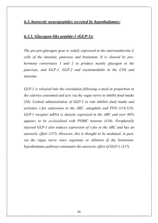 40
6.3.Anorectic neuropeptides secreted by hypothalamus:
6.3.1. Glucagon like peptide-1 (GLP-1):
The pre-pro-glucagon gene is widely expressed in the enteroendocrine L
cells of the intestine, pancreas and brainstem. It is cleaved by pro-
hormone convertases 1 and 2 to produce mainly glucagon in the
pancreas, and GLP-1, GLP-2 and oxyntomodulin in the CNS and
intestine.
GLP-1 is released into the circulation following a meal in proportion to
the calories consumed and acts via the vagus nerve to inhibit food intake
(54). Central administration of GLP-1 to rats inhibits food intake and
activates c-fos expression in the ARC, amygdala and PVN (114,115).
GLP-1 receptor mRNA is densely expressed in the ARC and over 60%
appears to be co-localized with POMC neurons (116). Peripherally
injected GLP-1 also induces expression of c-fos in the ARC and has an
anorectic effect (117). However, this is thought to be mediated, in part,
via the vagus nerve since vagotomy or ablation of the brainstem-
hypothalamus pathways attenuates the anorectic effect of GLP-1 (117).
 