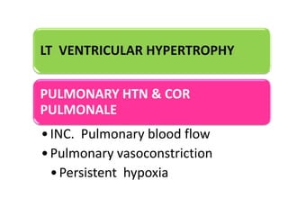 LT VENTRICULAR HYPERTROPHY

PULMONARY HTN & COR
PULMONALE
• INC. Pulmonary blood flow
• Pulmonary vasoconstriction
• Persistent hypoxia

 