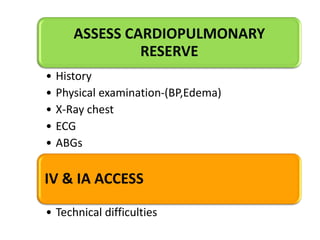 ASSESS CARDIOPULMONARY
RESERVE
•
•
•
•
•

History
Physical examination-(BP,Edema)
X-Ray chest
ECG
ABGs

IV & IA ACCESS
• Technical difficulties

 