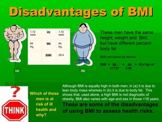 Disadvantages of BMIDisadvantages of BMI
(a)
1.72
metre
Ht 1.72
metre
84
Kg
Wt 84
Kg
28.4 BMI 28.4
(b)
These men have the same
height, weight and BMI,
but have different percent
body fat
BMI calculated as follows:
BMI = 84 = 84 = 28.4 kg/ m2
(1.72)2
2.96
Which of theseWhich of these
men is atmen is at
risk of illrisk of ill
health andhealth and
why?why?
Although BMI is equally high in both men, in (a) it is due to
lean body mass whereas in (b) it is due to body fat. This
shows that, used alone, a high BMI is not diagnostic of
obesity. BMI also varies with age and sex in those <18 years.
These are some of the disadvantages
of using BMI to assess health risks.
 