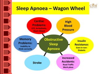Sleep Apnoea – Wagon Wheel
High
Blood
Pressure
Cardiac
Problems:
CCF, Arrhythmia,
Heart Attack
Memory
Problems:
Inability to
think correctly
Insulin
Resistance:
Even in non-
Diabetic
Increased
Accidents:
Road Traffic
Work place
Stroke
Obstructive
Sleep
Apnoea
 