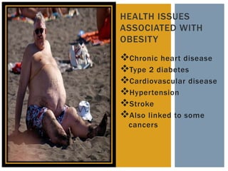 HEALTH ISSUES
ASSOCIATED WITH
OBESITY
Chronic heart disease
Type 2 diabetes
Cardiovascular disease
Hypertension
Stroke
Also linked to some
  cancers
 