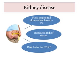 Kidney disease
Focal segmental
glomerulusclerosis -
2%
Increased risk of
stones
Risk factor for ESRD
 