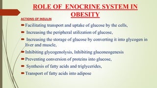 ROLE OF ENOCRINE SYSTEM IN
OBESITY
ACTIONS OF INSULIN
Facilitating transport and uptake of glucose by the cells,
 Increasing the peripheral utilization of glucose,
 Increasing the storage of glucose by converting it into glycogen in
liver and muscle,
Inhibiting glycogenolysis, Inhibiting gluconeogenesis
Preventing conversion of proteins into glucose,
 Synthesis of fatty acids and triglycerides,
Transport of fatty acids into adipose
 