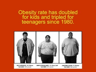 Obesity rate has doubled for kids and tripled for teenagers since 1980. 