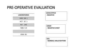 PRE-OPERATIVE EVALUATION
LABORATORIES
HGB 104 L
HCT 32 L
PLT 243
WBC 5.9
CREA 85
CXRAY
- NEGATIVE CHEST
ECG
- NORMAL SINUS RHYTHM
COVID RTPCR
- NEGATIVE
 