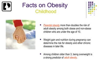 Facts on Obesity
    Childhood

         Parental obesity more than doubles the risk of
          adult obesity among both obese and non-obese
          children who are under the age of 10.

         Weight gain and nutrition during pregnancy can
          determine the risk for obesity and other chronic
          diseases in later life.

         Among children older than 3, being overweight is
          a strong predictor of adult obesity.
 