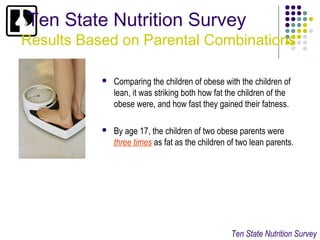 Ten State Nutrition Survey
Results Based on Parental Combinations

              Comparing the children of obese with the children of
               lean, it was striking both how fat the children of the
               obese were, and how fast they gained their fatness.

              By age 17, the children of two obese parents were
               three times as fat as the children of two lean parents.




                                                  Ten State Nutrition Survey
 