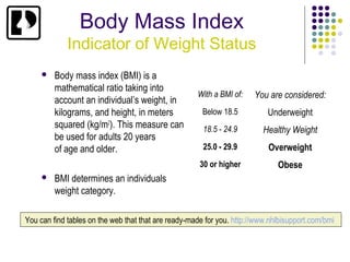 Body Mass Index
             Indicator of Weight Status
        Body mass index (BMI) is a
         mathematical ratio taking into
                                                     With a BMI of:    You are considered:
         account an individual’s weight, in
         kilograms, and height, in meters              Below 18.5          Underweight
         squared (kg/m2). This measure can             18.5 - 24.9       Healthy Weight
         be used for adults 20 years
         of age and older.                             25.0 - 29.9         Overweight
                                                      30 or higher            Obese
        BMI determines an individuals
         weight category.

You can find tables on the web that that are ready-made for you. http://www.nhlbisupport.com/bmi
 