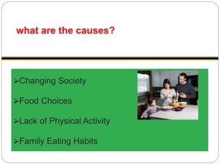 what are the causes?
Changing Society
Food Choices
Lack of Physical Activity
Family Eating Habits
 