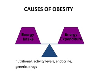 CAUSES OF OBESITY
Energy
Expenditure
Energy
Intake
nutritional, activity levels, endocrine,
genetic, drugs
 
