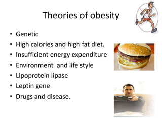 Theories of obesity
• Genetic
• High calories and high fat diet.
• Insufficient energy expenditure
• Environment and life style
• Lipoprotein lipase
• Leptin gene
• Drugs and disease.
 