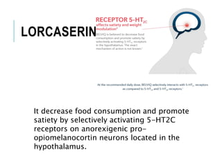 LORCASERIN
It decrease food consumption and promote
satiety by selectively activating 5-HT2C
receptors on anorexigenic pro-
opiomelanocortin neurons located in the
hypothalamus.
 
