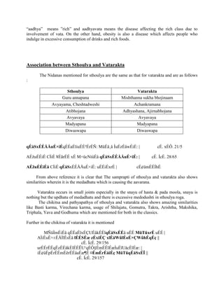 “aadhya” means ”rich” and aadhyavata means the disease affecting the rich class due to
involvement of vata. On the other hand, obesity is also a disease which affects people who
indulge in excessive consumption of drinks and rich foods.
Association between Sthoulya and Vatarakta
The Nidanas mentioned for sthoulya are the same as that for vatarakta and are as follows
:
Sthoulya Vatarakta
Guru annapana Mishthanna sukha bhojinaam
Avyayama, Cheshtadweshi Achankramana
Atibhojana Adhyashana, Ajirnabhojana
Avyavaya Avyavaya
Madyapana Madyapana
Diwaswapa Diwaswapa
qÉåSxÉÉÅÅuÉ×iÉqÉÉaÉïiuÉÉ²ÉrÉÑ: MüÉå¸å ÌuÉzÉåwÉiÉ: | cÉ. xÉÔ. 21/5
AÉžuÉÉiÉ CÌiÉ ¥ÉãrÉÉ xÉ M×ücNíûÉå qÉåSxÉÉÅÅuÉ×iÉ: | cÉ. ÍcÉ. 28/65
AÉžuÉÉiÉå CÌiÉ qÉåSxÉÉÅÅuÉ×iÉ: uÉÉiÉxrÉ | cÉ¢ümÉÉÍhÉ
From above reference it is clear that The samprapti of sthoulya and vatarakta also shows
similarities wherein it is the medadhatu which is causing the aavarana.
Vatarakta occurs in small joints especially in the snayu of hasta & pada moola, snayu is
nothing but the updhatu of medadhatu and there is excessive medodushti in sthoulya roga.
The chikitsa and pathyapathya of sthoulya and vatarakta also shows amazing similarities
like Basti karma, Virechana karma, usage of Shilajatu, Gomutra, Takra, Arishtha, Makshika,
Triphala, Yava and Godhuma which are mentioned for both in the classics.
Further in the chikitsa of vatarakta it is mentioned
MÑüÌmÉiÉå qÉÉaÉïxÉÇUÉåkÉÉlqÉåSxÉÉå uÉÉ MüTüxrÉ uÉÉ |
AÌiÉuÉ×±ÉÅÌlÉsÉå lÉÉSÉæ zÉxiÉÇ xlÉåWûlÉoÉ×ÇWûhÉqÉç ||
cÉ. ÍcÉ. 29/156
urÉÉrÉÉqÉzÉÉåkÉlÉÉËU¹qÉÔ§ÉmÉÉlÉæÌuÉïUåcÉlÉæ: |
iÉ¢üÉpÉrÉÉmÉërÉÉåaÉæ¶É ¤ÉmÉrÉåiÉç MüTüqÉåSxÉÏ ||
cÉ. ÍcÉ. 29/157
 
