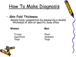 How To Make Diagnosis
• Skin Fold Thickness
Assess body composition by measuring a double
thickness of skin at specific body sites
Women Men
Triceps Chest
Supraillium Abdomen
Thigh Thigh
 