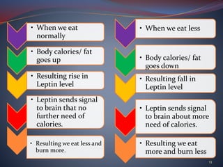 • When we eat
normally
• Body calories/ fat
goes up
• Resulting rise in
Leptin level
• Leptin sends signal
to brain that no
further need of
calories.
• Resulting we eat less and
burn more.
• When we eat less
• Body calories/ fat
goes down
• Resulting fall in
Leptin level
• Leptin sends signal
to brain about more
need of calories.
• Resulting we eat
more and burn less
13
 