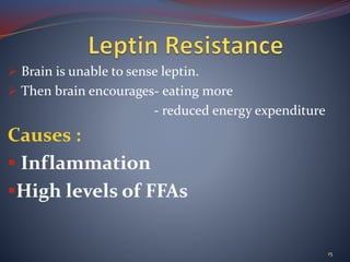  Brain is unable to sense leptin.
 Then brain encourages- eating more
- reduced energy expenditure
Causes :
 Inflammation
High levels of FFAs
15
 