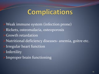 Weak immune system (infection prone)
Rickets, osteomalacia, osteoporosis
Growth retardation
Nutritional deficiency diseases- anemia, goitre etc.
Irregular heart function
Infertility
Improper brain functioning
25
 