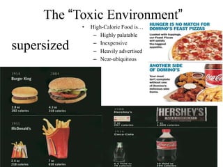 The “Toxic Environment”
•

supersized

High-Calorie Food is…
– Highly palatable
– Inexpensive
– Heavily advertised
– Near-ubiquitous

Brownell KD & Horgen KB. Food Fight. New York: McGraw-Hill; 2003.

 