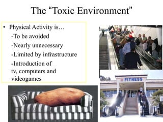 The “Toxic Environment”
• Physical Activity is…
-To be avoided
-Nearly unnecessary
-Limited by infrastructure
-Introduction of
tv, computers and
videogames

 