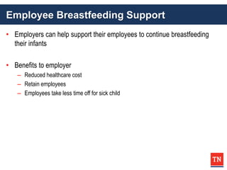 Employee Breastfeeding Support
• Employers can help support their employees to continue breastfeeding
their infants
• Benefits to employer
– Reduced healthcare cost
– Retain employees
– Employees take less time off for sick child
 