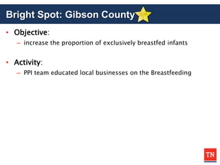 Bright Spot: Gibson County
• Objective:
– increase the proportion of exclusively breastfed infants
• Activity:
– PPI team educated local businesses on the Breastfeeding
 