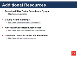 Additional Resources
• Behavioral Risk Factor Surveillance System
– http://www.cdc.gov/brfss/
• County Health Rankings
– http://www.countyhealthrankings.org/#app/
• American Public Health Association
– http://www.apha.org/programs/resources/obesity/
• Center for Disease Control and Prevention
– http://www.cdc.gov/obesity/resource/
 