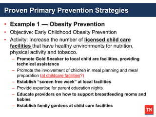 Proven Primary Prevention Strategies
• Example 1 — Obesity Prevention
• Objective: Early Childhood Obesity Prevention
• Activity: Increase the number of licensed child care
facilities that have healthy environments for nutrition,
physical activity and tobacco.
– Promote Gold Sneaker to local child are facilities, providing
technical assistance
– Promote the involvement of children in meal planning and meal
preparation (at childcare facilities?)
– Establish “screen free week” at local facilities
– Provide expertise for parent education nights
– Educate providers on how to support breastfeeding moms and
babies
– Establish family gardens at child care facilities
 